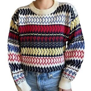 Vintage Womens 80s Retro Geometric Ski Crewneck Striped Multicolor Sweater Sz L